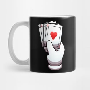 Cartoon Hand With Glove Holding Pack Of Cards Mug